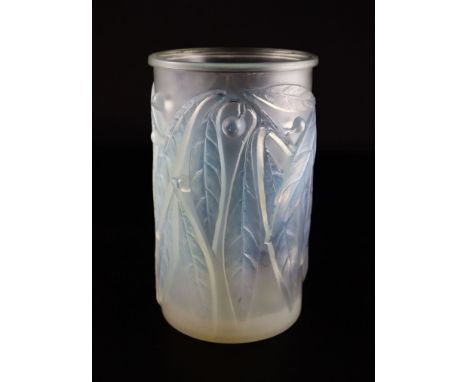 René Lalique. A pre-war opalescent and blue tinted glass Laurier pattern vase, no.947, designed in 1922, engraved marks R LAL