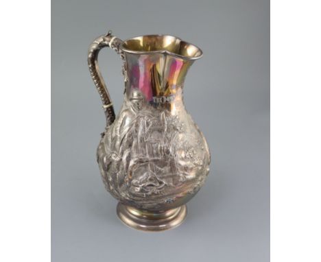 A large Victorian silver baluster hot water jug, by Robert Hennell IV, embossed with Scottish highland scene with figures, hu