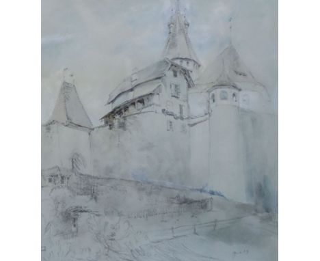 Sir John Ruskin (1819-1901)watercolour, pencil, heightened with gouache on blue paperArchitectural study of a castle, possibl
