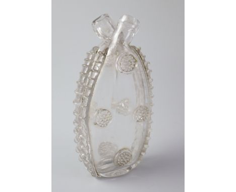 A Georgian glass twin chambered hip flask, first half 18th century, with applied milled trails and raspberry prunts, bifurcat