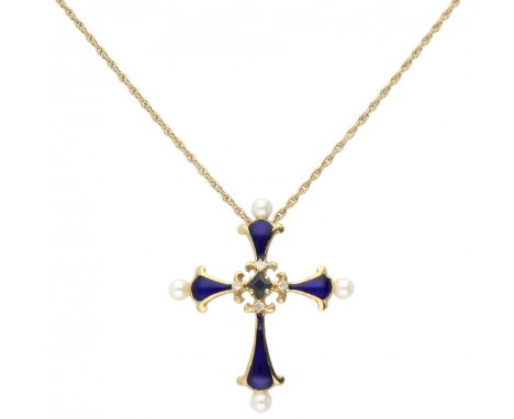"The Sapphire Midnight Cross" of the House Igor Carl Fabergé with yellow gold necklace, with diamond, natural sapphire, culti
