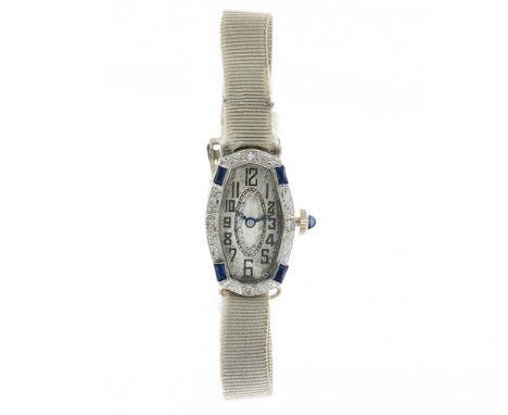 Art Deco Whitegold - Ladies watch - ca. 1930 case: 18 karat whitegold - strap: nylon - manual winding - the bezel is set with