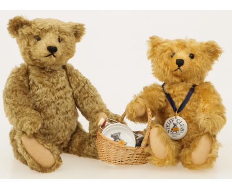 A lot comprising of (2) so-called 'Teddy' bears. One of which labeled 'Steiff'. edition 1997. Including wicker basket and fla