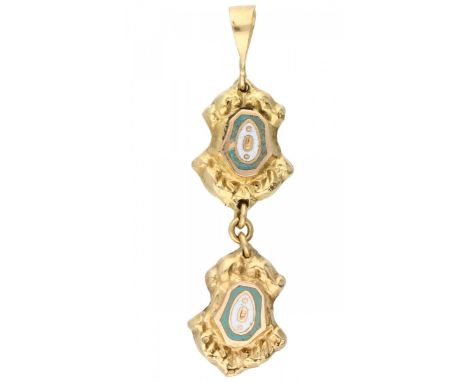 Yellow gold antique pendant, with blue and white enamel - 18 ct. LxW: 3.4 x 0.9 cm. Weight: 0.74 gram.