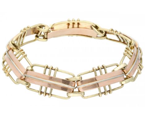 Tricolor gold open worked vintage bracelet - 14 ct. With a safety clip. Maker's mark: J. Rieder, Amsterdam, The Netherlands, 
