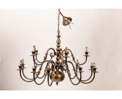 A set of (2) identical bronzed brass chandeliers, Dutch, 2nd half 20th century. Both electrically fitted and 15-light. Meas. 