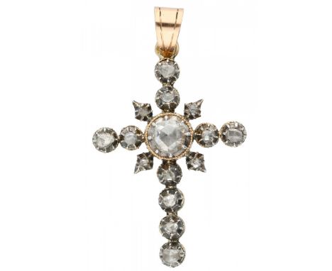 Rose gold Georgian style cross pendant, with approx. 0.60 ct. diamond - 14 ct. 15 Rose cut diamonds (1x approx. 0.50 ct. (cla