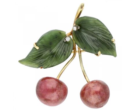 Yellow gold cherry brooch with approx. 0.04 ct. diamond, nephrite and pink common opal - 14 ct. 2 Brilliant cut diamonds (2x 