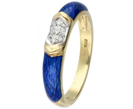 Yellow gold ring, with approx. 0.07 ct. diamond and blue enamel - 18 ct. 2149 Alessandria. 7 Brilliant cut diamonds (7x appro