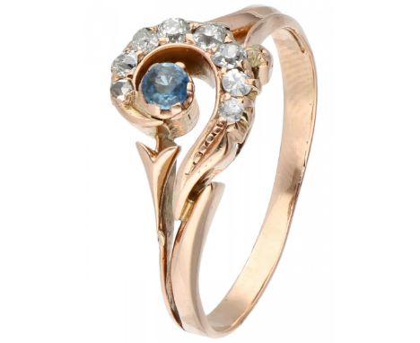 Rose gold ring, with approx. 0.16 ct diamond and natural sapphire - BLA 10 ct. 7 Old European cut diamonds (3x approx. 0.03 c