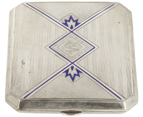 Cigarette pouch silver. Beautifully decorated with inlaid enamel decorations and engraved guilloche patterns.&nbsp;20th centu