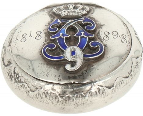 Pill box silver. Features a royal crown and enamel initials. Denmark, Copenhagen, A. Dragsted, Late 19th century, engraving /