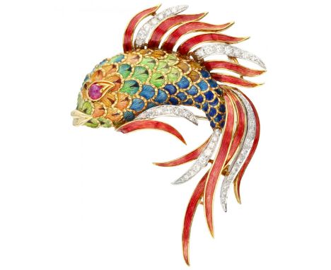 Yellow gold brooch of a fish with veil tail, with approx. 1.44 ct. diamond, natural ruby and cloisonné enamel - 18 ct. Italia