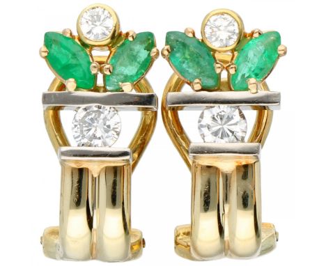 Bicolor gold earrings, with approx. 0.36 ct. diamond and natural emerald - 14 ct. 4 Brilliant cut diamonds (2x approx. 0.14 c