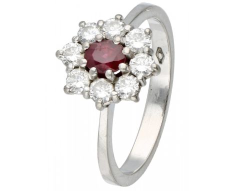 White gold rosette ring, with approx. 0.48 ct. diamond and synthetic ruby - 18 ct. 8 Brilliant cut diamonds (8x approx. 0.06 