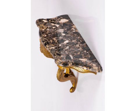 A gold laquered wood wall console table, Italy, mid. 20th century. With terrazzo marble top. Meas. L: 33 cm, W: 80 cm, H: 43 