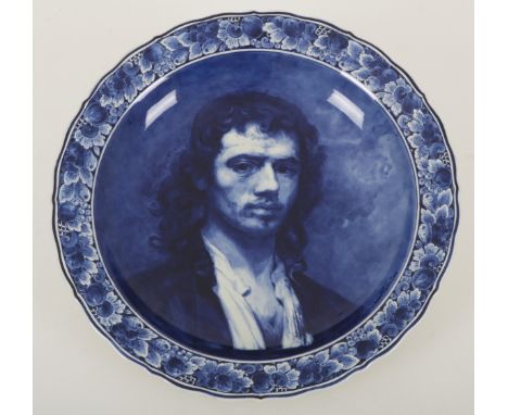 An earthenware dish, depiction after the self-portrait of Carel Fabritius (Middenbeemster 1622 - 1654 Delft). De Porceleyne F