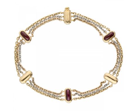 Bicolor gold vintage Cartier bracelet set with garnet - 18 ct. With a safety clip. Serial number: 150182. 1 Garnet with small