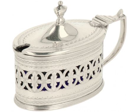 Mustard pot silver. Oval-shaped model with rich decoration and partly cutaway with blue glass insert.&nbsp;England, Birmingha