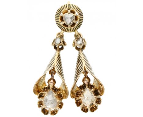 Yellow gold pendant with black enamel decoration and set with 5 diamonds - 18 ct. 5 Rose cut diamonds (2x ca. 3.80 x 5 mm, 1x