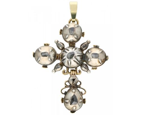 Gold / silver Georgian style cross pendant, with 9 rose cut diamonds - 14 ct. en 925/1000. Few repairs, 1 small diamond is mi