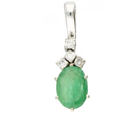 White gold pendant, with approx. 0.12 ct. diamond and natural emerald - 18 ct. 4 Single cut diamonds (4x approx. 0.03 ct.) an