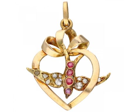 Yellow gold heart-shaped pendant with bird, with diamond and glass garnet - 14 ct. 10 Rose cut diamonds (10x Ø approx. 1 - 2 