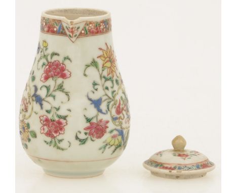 A porcelain chocolate jug with famous pink decor. China, 18th century. Meas. 16 x 10 cm. button on lid has been restored. Est