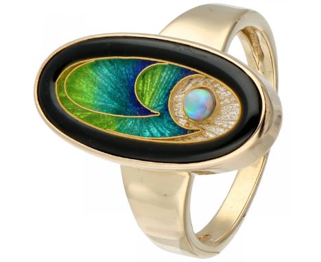 Yellow gold Magick Fusager Design ring with natural white opal and cloisonné enamel - 14 ct. Opal Ø approx. 2.2 mm. Designer: