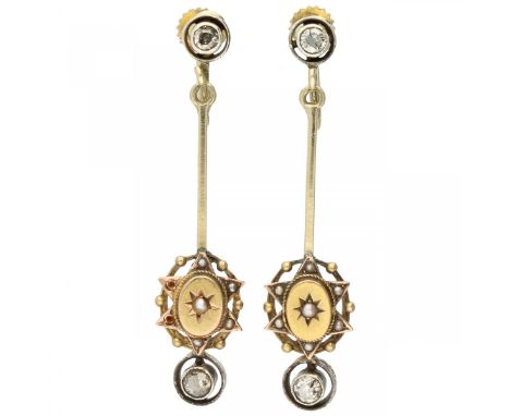 Yellow gold earrings, with approx. 0.28 ct. diamond and seed pearl - 14 ct. 4 Old European cut diamonds (2x approx. 0.08 ct. 