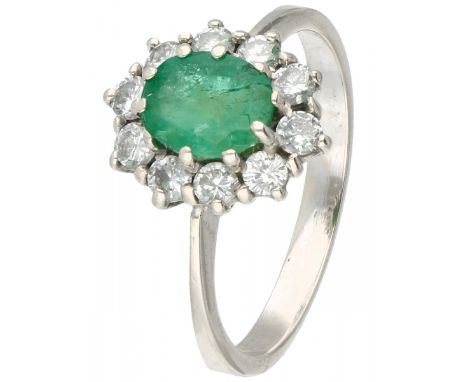 White gold rosette ring, with approx. 0.30 ct. diamond and natural emerald - 18 ct. 10 Brilliant cut diamonds (10x approx. 0.