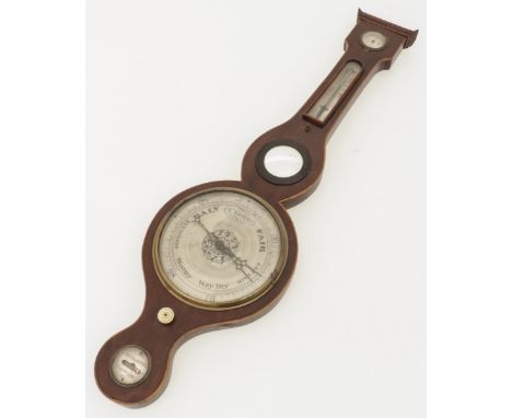 A banjo barometer with added thermometer and hygrometer, 1st half 20th Century. Mahogany veneered. Meas. L: 93 cm. Estimate: 