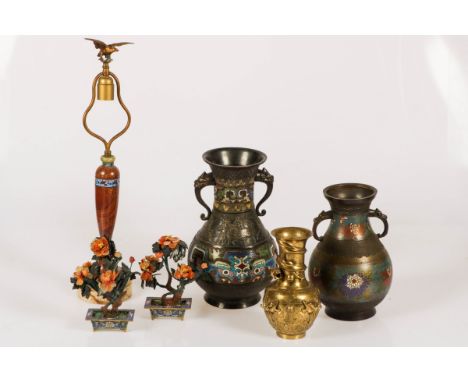 A lot comprising of two Japanese cloisonné vases, a pair of flower pots (jade and cloisonné), a cast Japanese vase and a marb