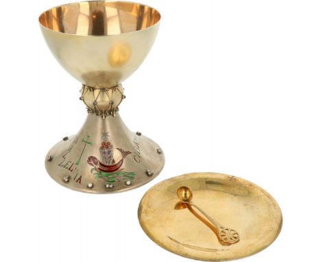 Chalice in original silver box. Beautiful gold-plated model with enamel and giulloche inlay work and mounted diamonds, approx