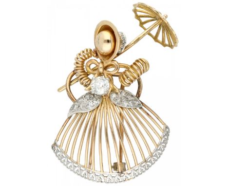 Yellow gold Depose brooch, with approx. 0.68 ct. diamond - 18 ct. French lady with sunshade. 1 Old European cut diamond (appr