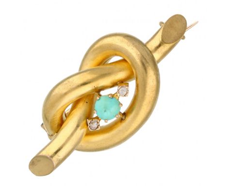 Yellow gold knot brooch, with diamond and turquoise - 14 ct. 2 Rose cut diamonds (2x Ø approx. 1 mm). LxW: 1.5 x 3.6 cm. Weig
