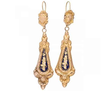 Yellow gold antique earrings, with white and blue enamel - 14 ct. With Dutch duty mark from 1831 and maker's mark. Backside b