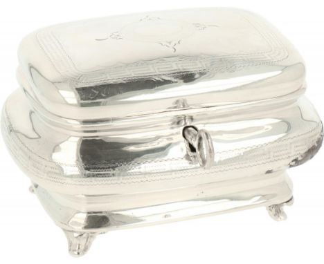 Tea box BLA. Curved model with soldered legs and engraved decorations and meander edges.&nbsp;early 20th century, hallmarks: 