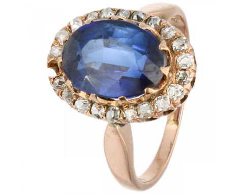 Rose gold rosette ring, with approx. 0.21 ct diamond and synthetic sapphire - 14 ct. 21 Old European cut diamonds (21x approx