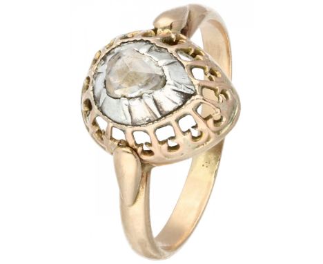 Yellow gold open worked ring set with diamond - BLA 551/1000. One rose cut diamond (approx. 4.5 x 3.7 mm) in a silver setting