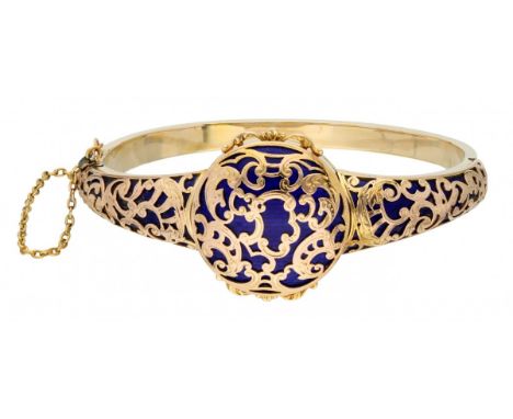 Yellow gold bangle bracelet with medallion, with floral decoration and royal blue enamel - BLA 10 ct. With safety chain (part