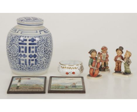 A lot with various earthenware, 20th century. Consisting of a ginger jar, Hummel figurine, cloisonne tiles and a small saucer