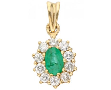 Yellow gold rosette pendant, with approx. 0.40 ct. diamond and natural emerald - 18 ct. 10 Brilliant cut diamonds (10x approx