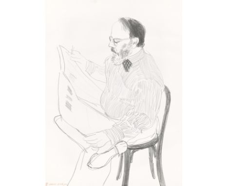 David Hockney (Bradford 1937 – lebt in Beuvron-en-Auge, Normandie). „Henry reading the newspaper“. 1976Lithografie auf Papier
