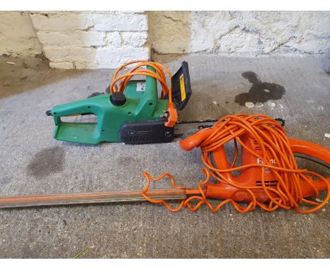 An Oregon electric chainsaw, model PP350C, 14" blade, instruction book and a Flymow electric hedge cutter, model Easicut 450,