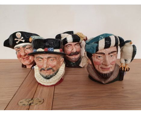 Royal Doulton character jugs; Long John Silver, D6335, Beefeater, D6206, Trapper, D6609 and The Falconer, D6533 (4).