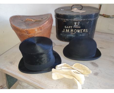A vintage Henry Heath silk top hat, inside measurement approximately 57cm, a pair of white kid gloves and a leather hat box, 