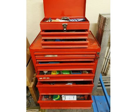 A six drawer tool chest and a smaller two draw chest, containing various tools.