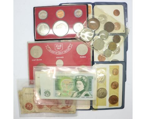 Mixed proof coin sets with four bank notes. UK P&amp;P Group 1 (£16+VAT for the first lot and £2+VAT for subsequent lots)