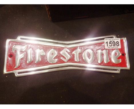 Cast aluminium Firestone Tyres Plaque, W: 25 cm. UK P&amp;P Group 2 (£20+VAT for the first lot and £4+VAT for subsequent lots